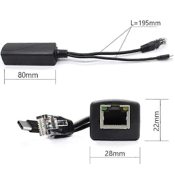 2-pak 5V Gigabit PoE Splitter, USB Type C, 48V til 5V 2.4A Adapter, IEEE 802.3Af Kompatibel LGL Black