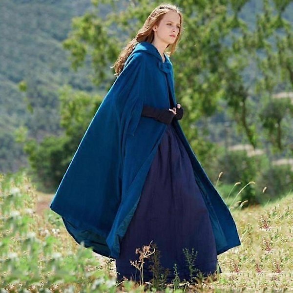 Middelalderlig Vintage Hætte Cape Frakke til Kvinder Vinter Vintage Elegant Vikingekåbe Enkelt Knap Kappe LGL Blue S