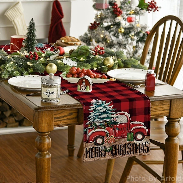 Rød og Sort Buffalo Plaid Glædelig Jul Juletræs Bordløber, Sæsonbestemte Lastbilgaver 13x72 Tommer-Rød / Sort (LGL)