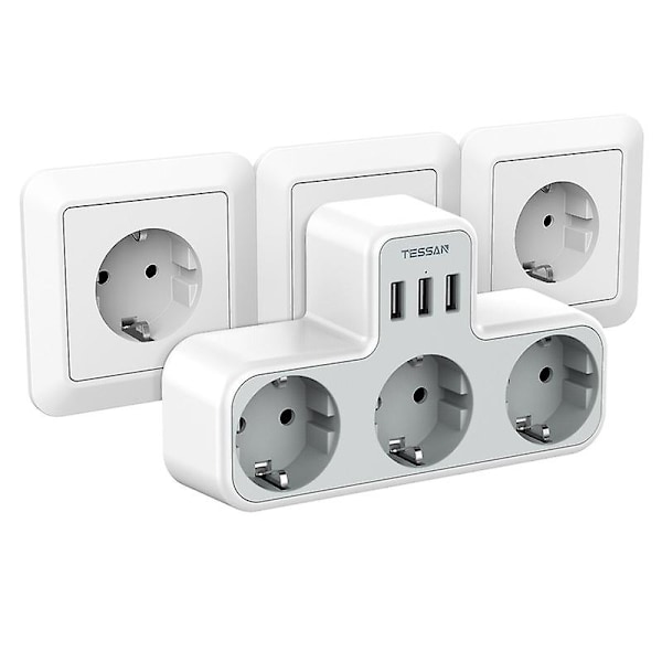 EU USB-stikkontakt med 3 AC-stik og 3 USB-opladnings porte, med flere beskyttelser, til smartphone, tablet [GGL] White