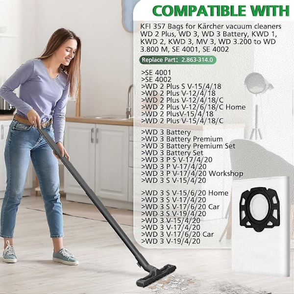 8-pak KFI 357 støvsugerposer, kompatible med Krcher WD 2 Plus, WD 3, WD 3 Battery, KWD 1, KWD 2, KWD 3, MV 3, WD 3.200 (LGL)