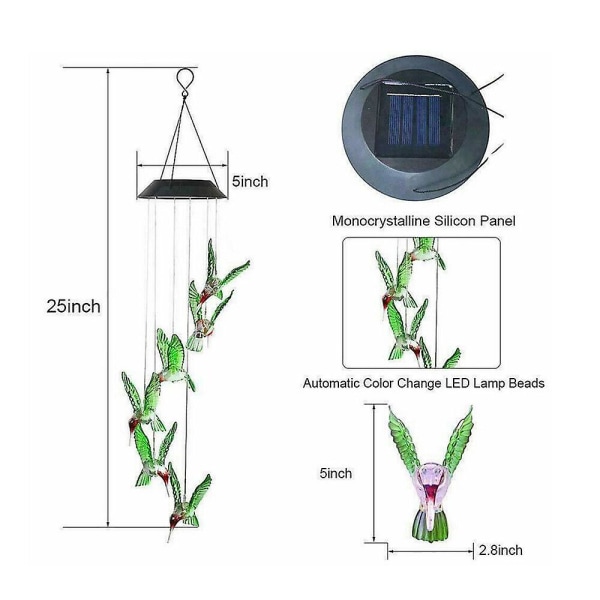 Hengende fargeskiftende solcelledrevne LED-kolibrilys Hagevindspill [LGL] Green Hummingbird