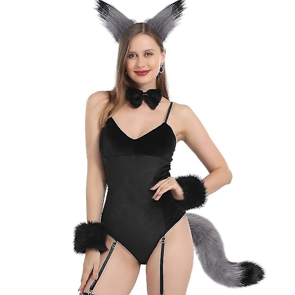 Tekoturkis Kissa Kettu Susi Turkis Häntä ja Klipsikorvat Halloween-juhliin Pukutarvikkeet Susi LGL grey black