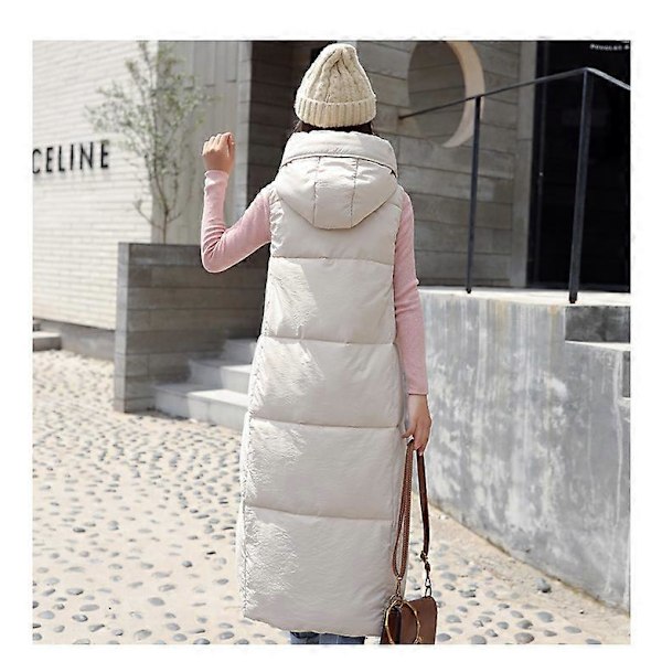 Lang quiltet damevest vinter dunvest overgangsvest vinterjakke lang vest vintervest letvægts varm quiltet afslappet lynlås puffer Ja LGL BEIGE XL
