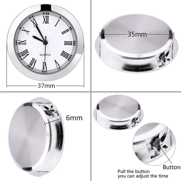 1-1/2 tums (37 mm) rund kvartsurinsats med romerska siffror passar 35 mm diameter hål (silverram)