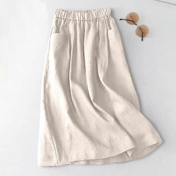 ZANZEA Dame Ensfarget Elastisk Midje Hverdags Bomull Lange Skjørt LGL beige M