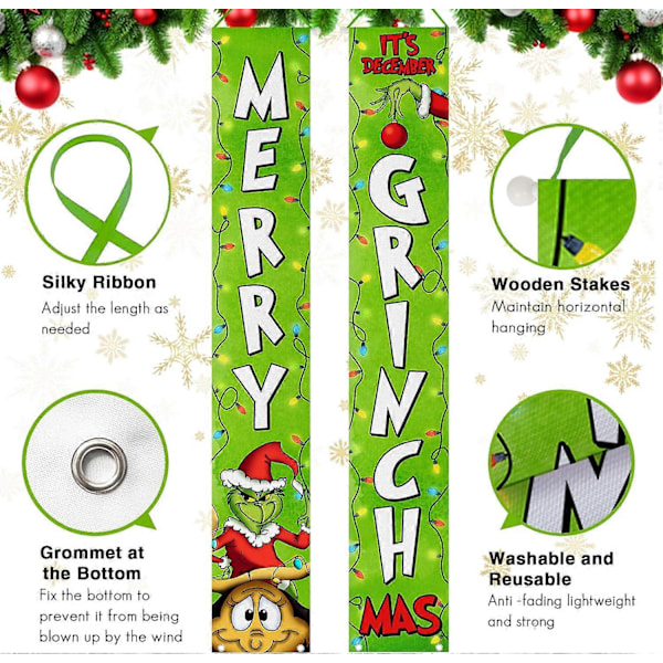 God Jul Banner Skylt för Veranda, Dekorativ Hängande Välkomstbanner för Jul Grön Ytterdörr, Partydekoration (LGL)
