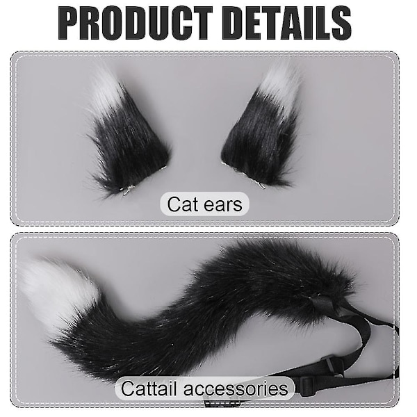 Faux Fur Kat Fox Ulv Pelsagtig Hale Og Clip Ører Til Halloween Fest Kostume Tilbehør Ulv LGL black White