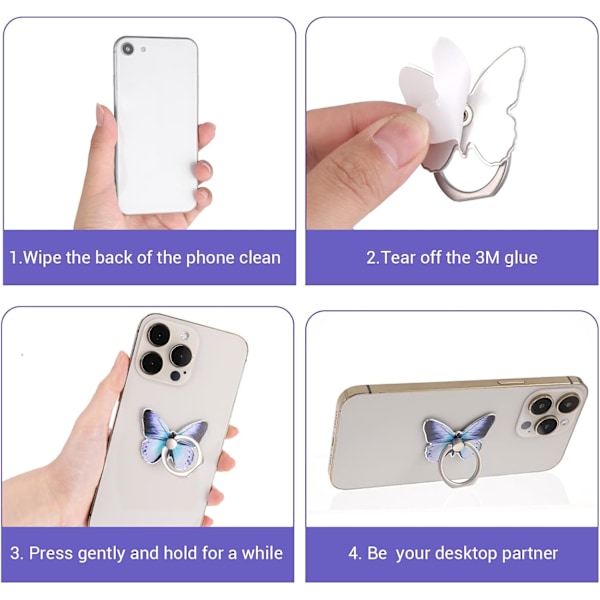 3-pack Mobiltelefon Ringhållare, Fjärilsmönster, 360 Graders Rotation Metall Fingerstöd med Knappögla, Kompatibel med Alla Smartphones (LGL)