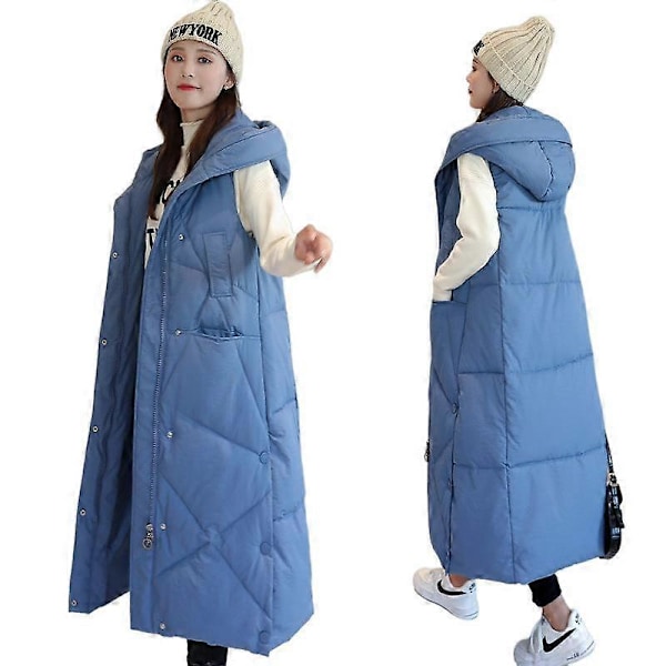 Lang quiltet damevest vinter dunvest overgangsvest vinterjakke lang vest vintervest letvægts varm quiltet afslappet lynlås puffer Ja LGL BLUE M