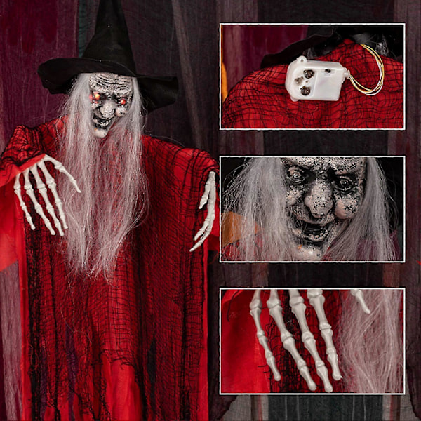 Hengende Spøkelsesdekorasjon, Høy Rød Hengende Hekseskjelett, med Lyd og Lysende Øyne for Halloween Hjemsøkt Hus Hage Plen Dekor (LGL)