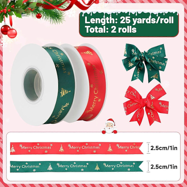 Joulunauha lahjojen paketointiin, 2 rullaa satiininauhoja jouluaiheilla punaisena ja vihreänä (25 jaardia x 25 mm) (LGL)