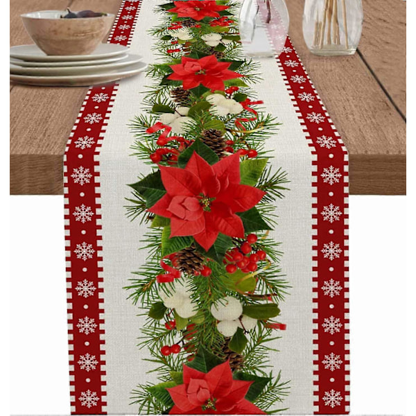 Rød juledug i landlig stil, tørklæder, spisebordsdug med snefnug og julestjerner, 33 x 183 cm (LGL)