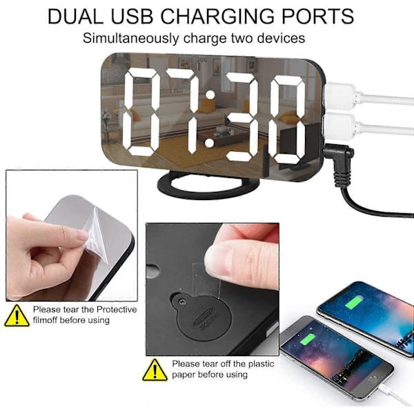 Digital Väckarklocka, 6,5\" Stor Skärm LED Spegel Väckarklocka med Dimningsläge, 2 USB-Laddningsportar-Svart (LGL)