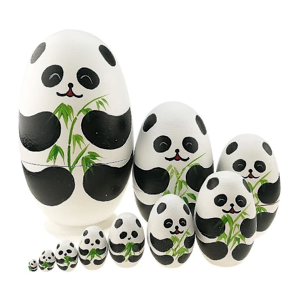 10 kpl söpö panda-munan muotoinen puinen pinoamislelu, käsintehtyjä sisäkkäisiä nukkeja, eläimiä, Matryoshka-nukkeja, Babushka-nukkeja [LGL]