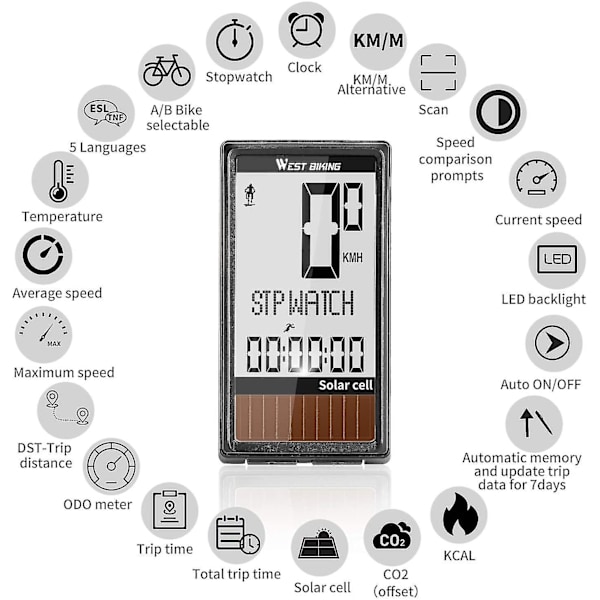Sykkelcomputer Trådløs IPX7 Vanntett Sykkelhastighetsmåler Multifunksjonell Odomometer Med Solcellepanel