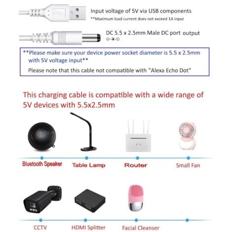 1m USB til 5V DC strømkabel, 5,5 x 2,5 mm DC udskiftningsopladerkabel (LGL)