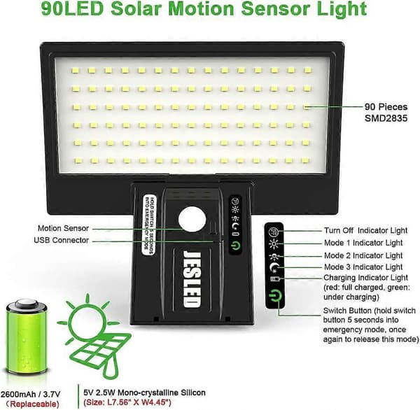 1 Pakke Utendørs Solcellelampe, 90 LED Solcellebevegelsessensor (LGL)