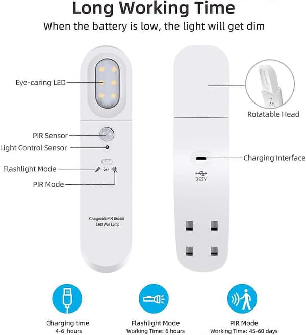 Automatisk LED Nattlys 3 Moduser USB Oppladbar Lampe med Bevegelsessensor Varmhvit (LGL)
