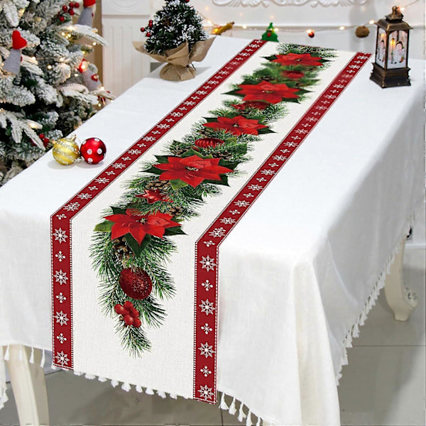 Akvarell Julestjerne Rød Julebordløper med Hvit Snøfnugg, Sesongbasert Vinter Julefest Dekorasjon Høytid 33 x 183 cm (LGL)