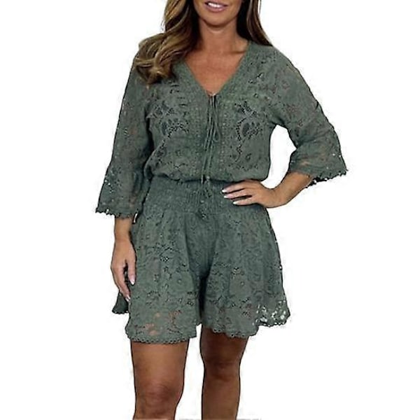 2 st/Set Dam Topp Shorts Set Utskuren Spets Blomsterbroderi V-ringning Dragsko Trekvartsärmar Elastisk Hög Midja Lös Dejting Com LGL green M