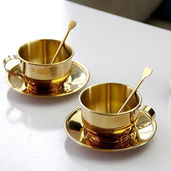 Isolerede kaffekopper med ske og underkop til Latte, Mælk, Te, Espresso (LGL) Silver