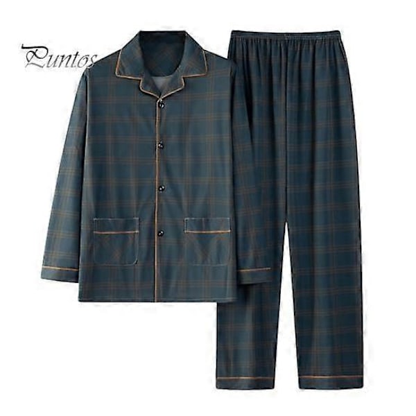 2 Delar/Set Herr Pyjamas Set Rutigt Tryck Kavajslag Långärmad Enkelknäppt Skjorta Elastisk Midja Långbyxor Set Lös Passform Loungewear Kostym LGL dark green L