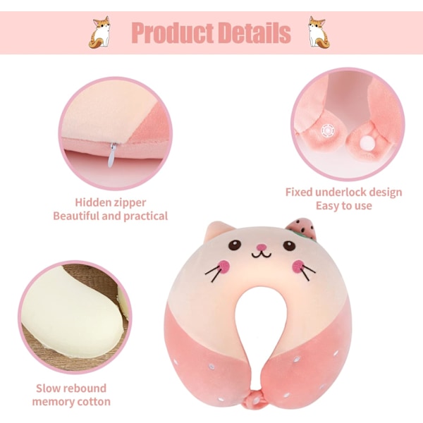 Resekudde Tecknad Djur Nackstöd Kudde Memory Foam Nackkudde U-formad Elasticitet Barn Resekudde Portabel (Katt) (LGL)
