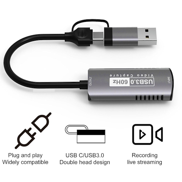 2-i-1 HDMI-kompatibel til Type-C/USB3.0 Audio Video Capture Card 4K 60FPS Game Capture Card LGL Grey