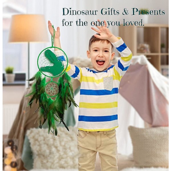Dinosaur Drømmefangere Til Drenge Piger, Drømmefanger Lys Vægdekoration Fjer Væghængende Dino Drømmefanger Børnegaver LGL Green No light