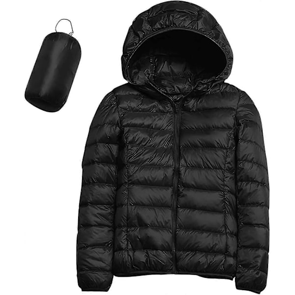Lättvikts Dunjacka med Huva för Dam, Packbar Vadderad Jacka, Ultralätt Kort Dunjacka med Förvaringsväska LGL B-black Medium