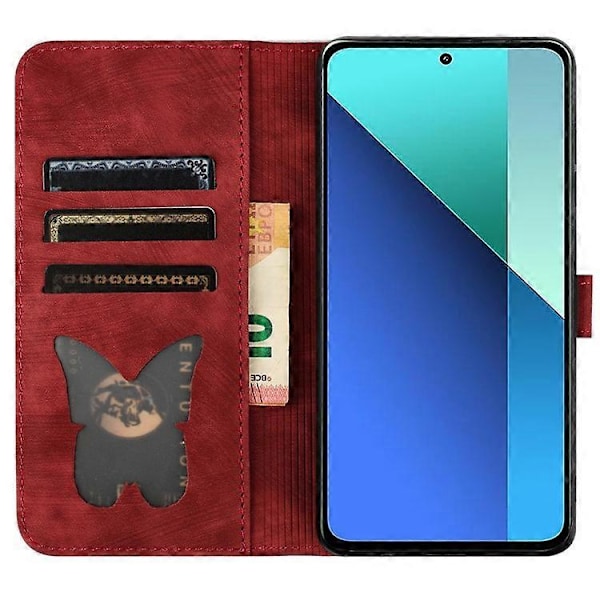 Kompatibelt Skal för Xiaomi Redmi Note 13 4G PU Läder Telefonfodral Fjäril Katt Mönster LGL Red
