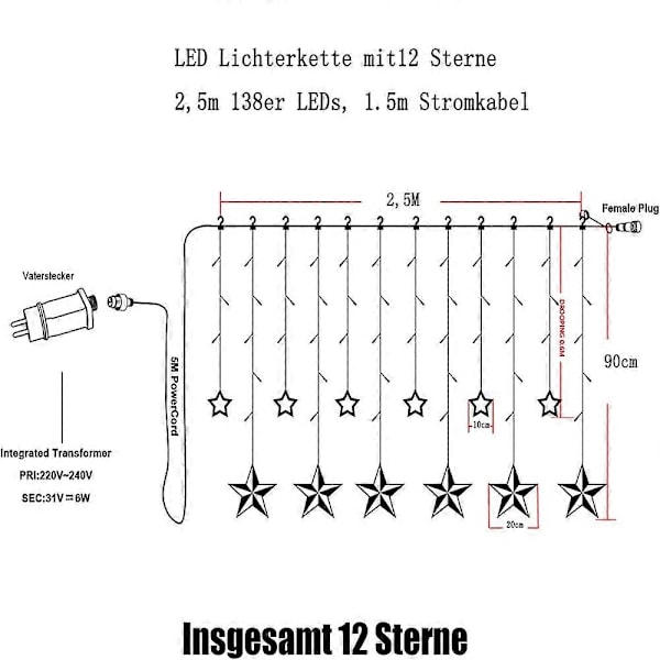 12 Stjerne LED Lysstreng, Julebelysning, Stjerneforhæng, 138 LED'er, 8 Tilstande, til Indendørs, Udendørs, Jul, Fest, Dekoration, Højtid (LGL)