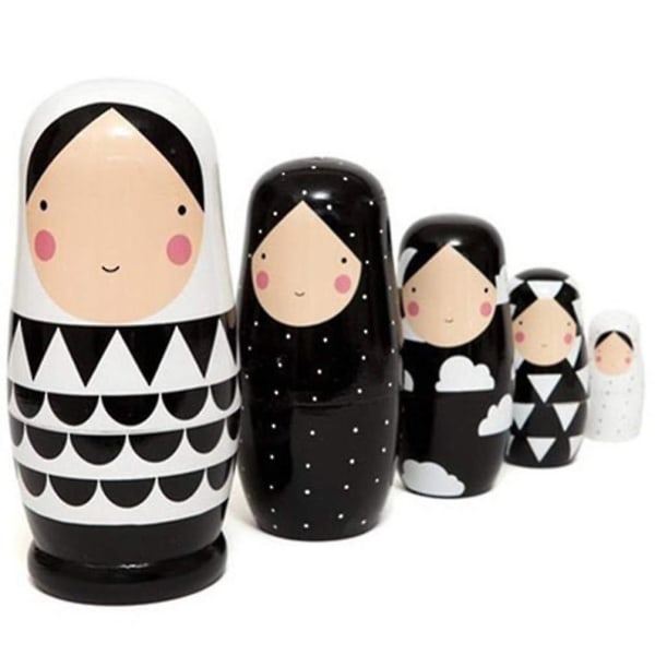 Matryoshka-nuket puinen perinteinen Babushka 5 kerrosta mustavalkoinen tyttöjen puinen lelu syntymäpäiväjuhlalahja lasten lelu[GL]