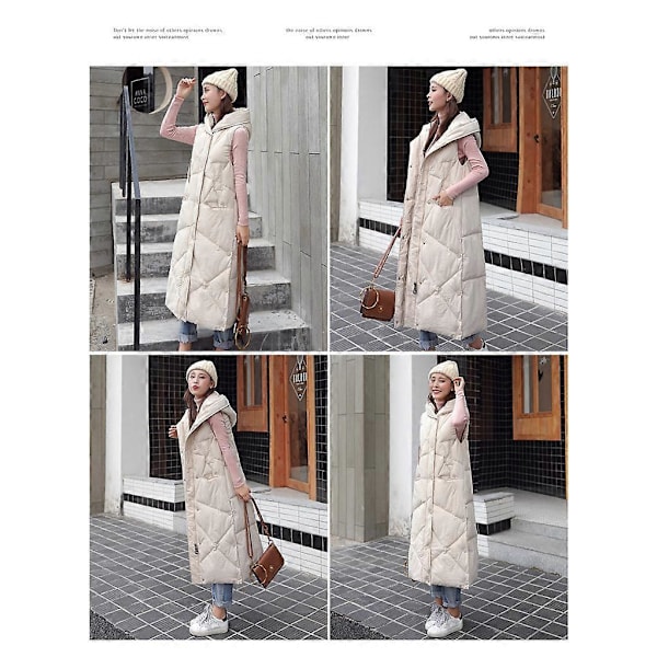 Lang quiltet damevest vinter dunvest overgangsvest vinterjakke lang vest vintervest letvægts varm quiltet afslappet lynlås puffer Ja LGL BEIGE XL