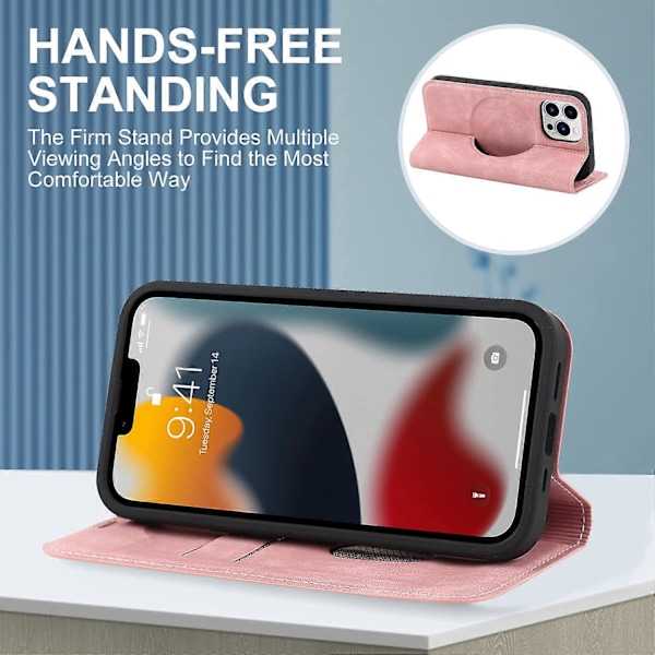 Plånboksfodral för iPhone 15 Pro Max 6,7 tum Kompatibel med Magsafe-laddare, Magnetiskt Flip Folio PU Läder Telefonskal Stötsäkert Skydd, Rosa (LGL)