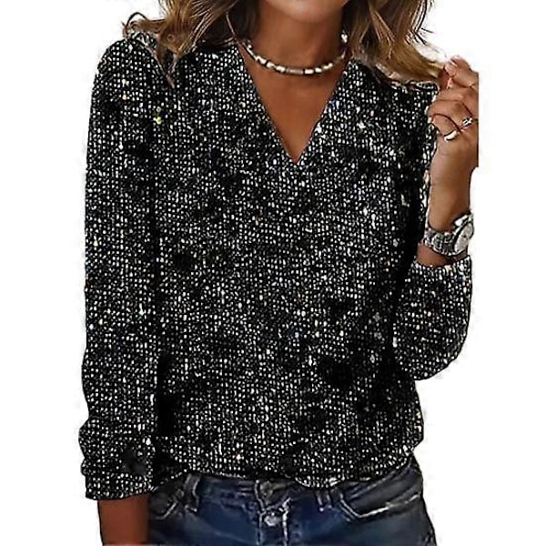 Dame Top Skinnende Pailletter V-Hals Lange Ærmer Løs Blød Pullover Ren Farve Åndbar Daglig Pendling Klub Fest Dame Bluse Skjorte LGL black 2XL