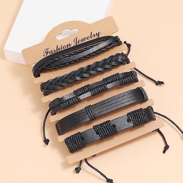 5-pak Håndlavede Læderarmbånd Herrearmbånd (LGL) Svart Sort