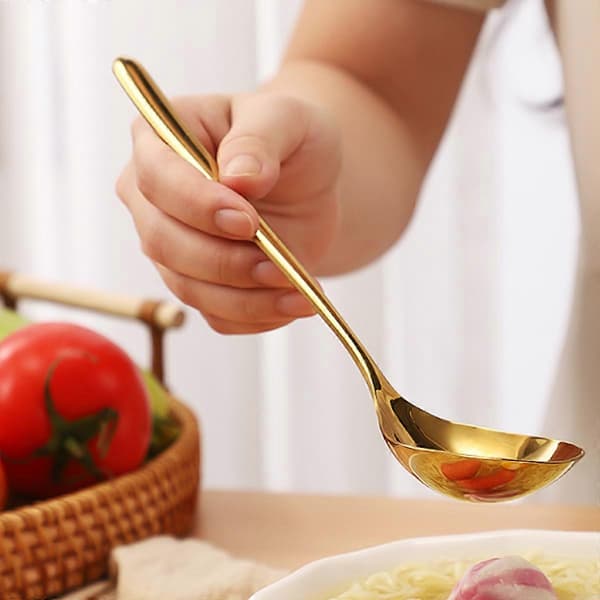 Soppslev, serveringssked i rostfritt stål, gyllene matlagningssked för omrörning, portionering och servering av soppor, såser, smet (LGL)