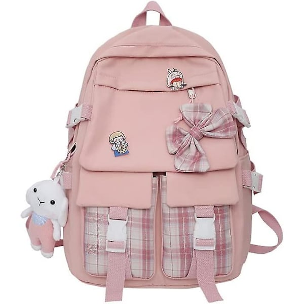 Kawaii Ryggsäck Tonårsflicka Japanska Skolväska Med Stor Rosett Kawaii Skolartiklar Rutig Preppy Ryggsäck Flickor (rosa, One Size)