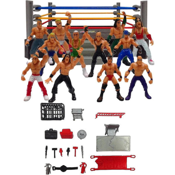 Mini Wrestling Figur Playset, Wrestler Warriors Legetøj Med Firkantet Ring & Tilbehør, Sjovt Miniature Fighting Action Figurer Gave Til Børn Drenge[GL]