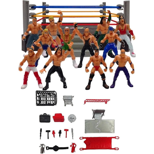 Mini Wrestling Figur Playset, Wrestler Warriors Leker Med Firkant Ring & Tilbehør, Morsomme Miniatyr Kamp Actionfigurer Gave Til Barn Gutter[GL]
