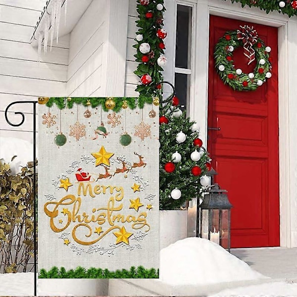 Vinter Sne Nisser Krans Glædelig Jul Haveflag 30x45 cm Gårdhave Udendørs Hjem Græsplæne Dekoration Vinter Jul Sne Haveflag -A (LGL)
