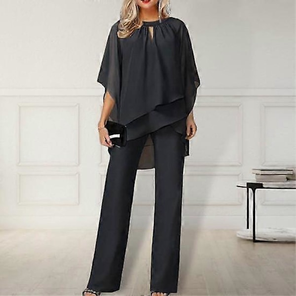 2 stk./sæt Damesæt Udhulet Hals Uregelmæssig Halværme O Top Bukser Lagdelt Kant Top LGL black XL