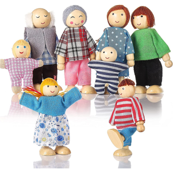 Trædukkehus Mennesker 8 figurer, Dukkefamiliesæt Piger Småbørn Børn Dukkehustilbehør Legetøj[GL]