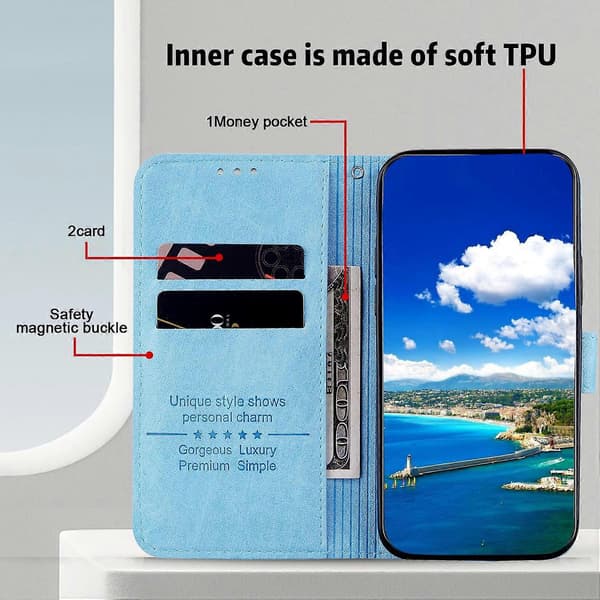 Solid farve læder foldbart stativ tegnebog læder telefoncover til iPhone 16 (LGL) Multicolor Baby Blue