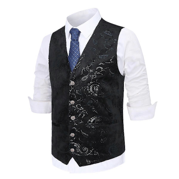 Allthemen Herr V-ringad Tryckt Business Casual Guld Silver Kostymväst LGL Black M
