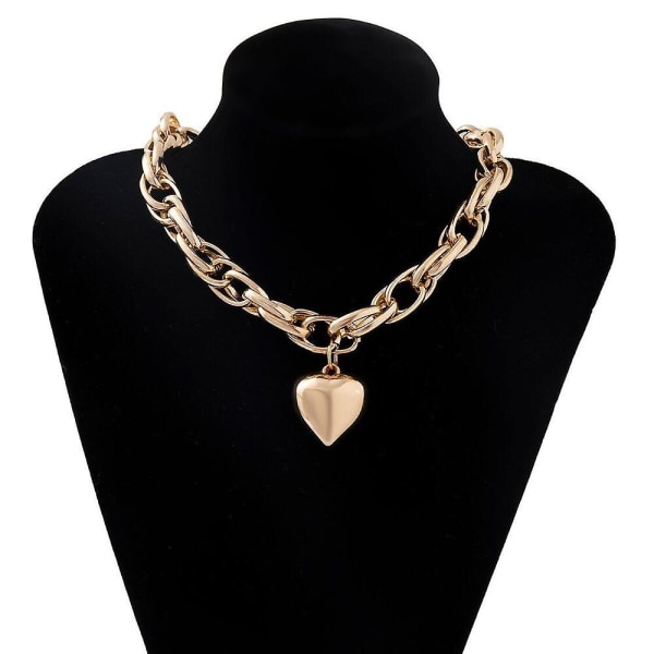 Halsband med stort hjärthänge - Chunky halsband - Statement tung kedja - Dammode smycken [LGL] Gold