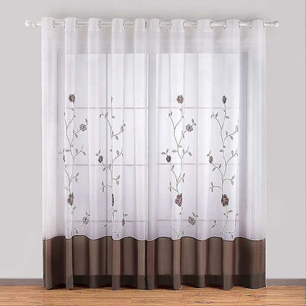 En Blommig Broderad Skir Öljettgardin för Sovrum Kök Vardagsrum, 140cmx225cm, Brun (LGL)