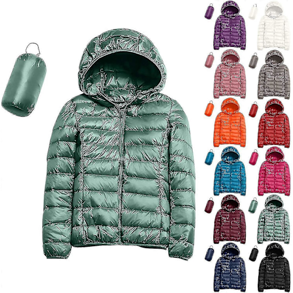 Lättvikts Dunjacka med Huva för Dam, Packbar Vadderad Jacka, Ultralätt Kort Dunjacka med Förvaringsväska LGL A-mint Green X-Large